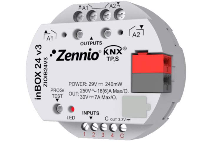 Zennio inBOX 24 v3 Multifunction actuator for flush mounting with 2 outputs (16 A C-Load) and 4 analog-digital inputs ZIOIB24V3